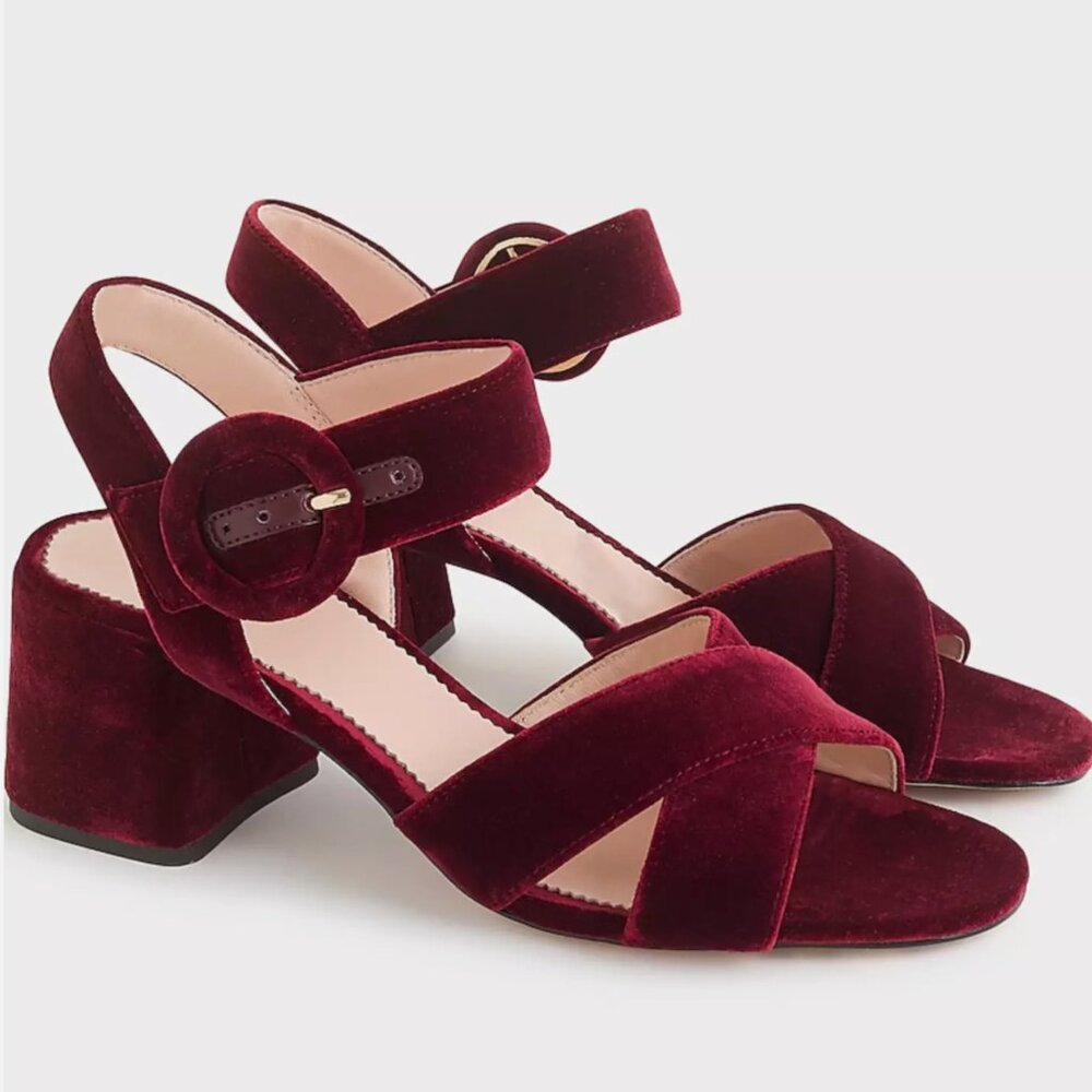 J. Crew Velvet Penny Sandals Burgundy Retro Inspired Ankle Straps 90s Size 7